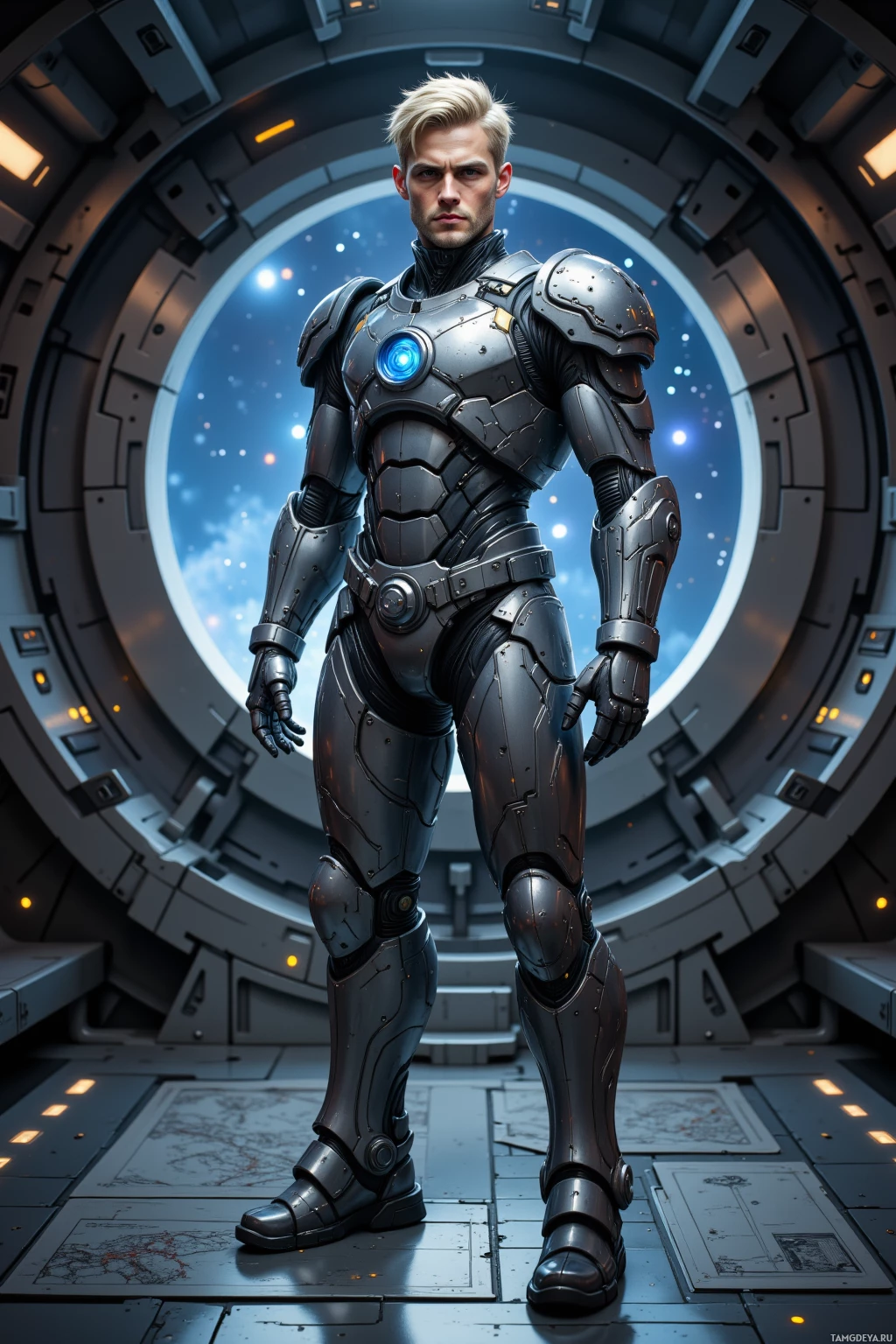 A futuristic armored figure stands in a sci-fi setting with a circular, illuminated background.