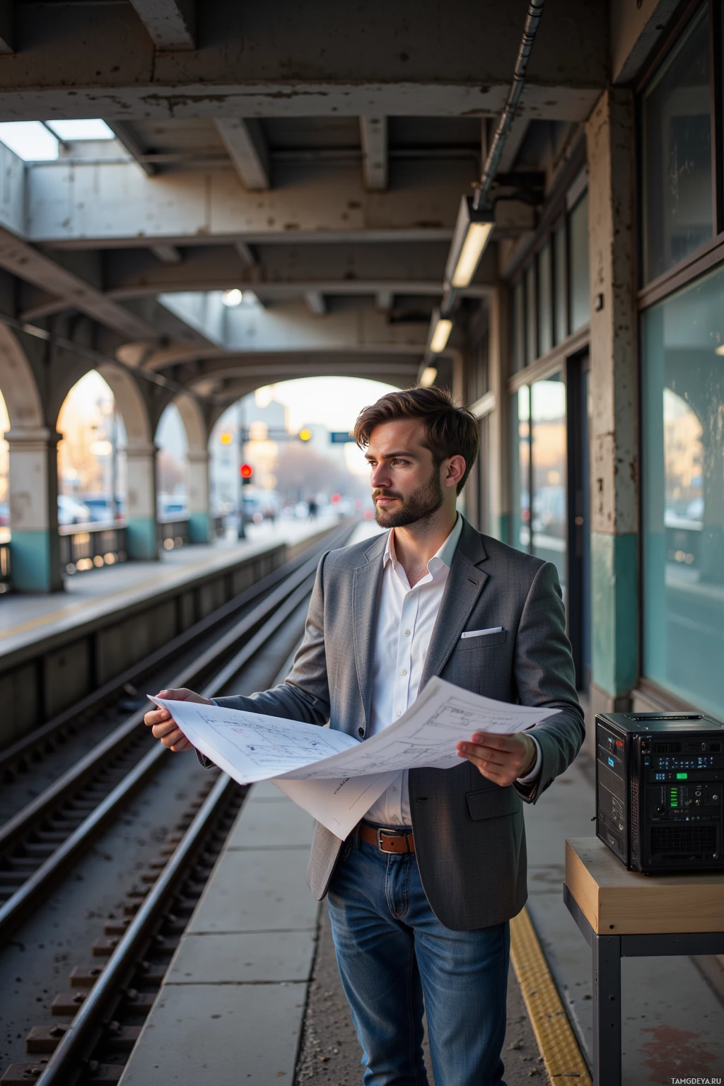 A man in a suit stands on a train platform, holding blueprints.