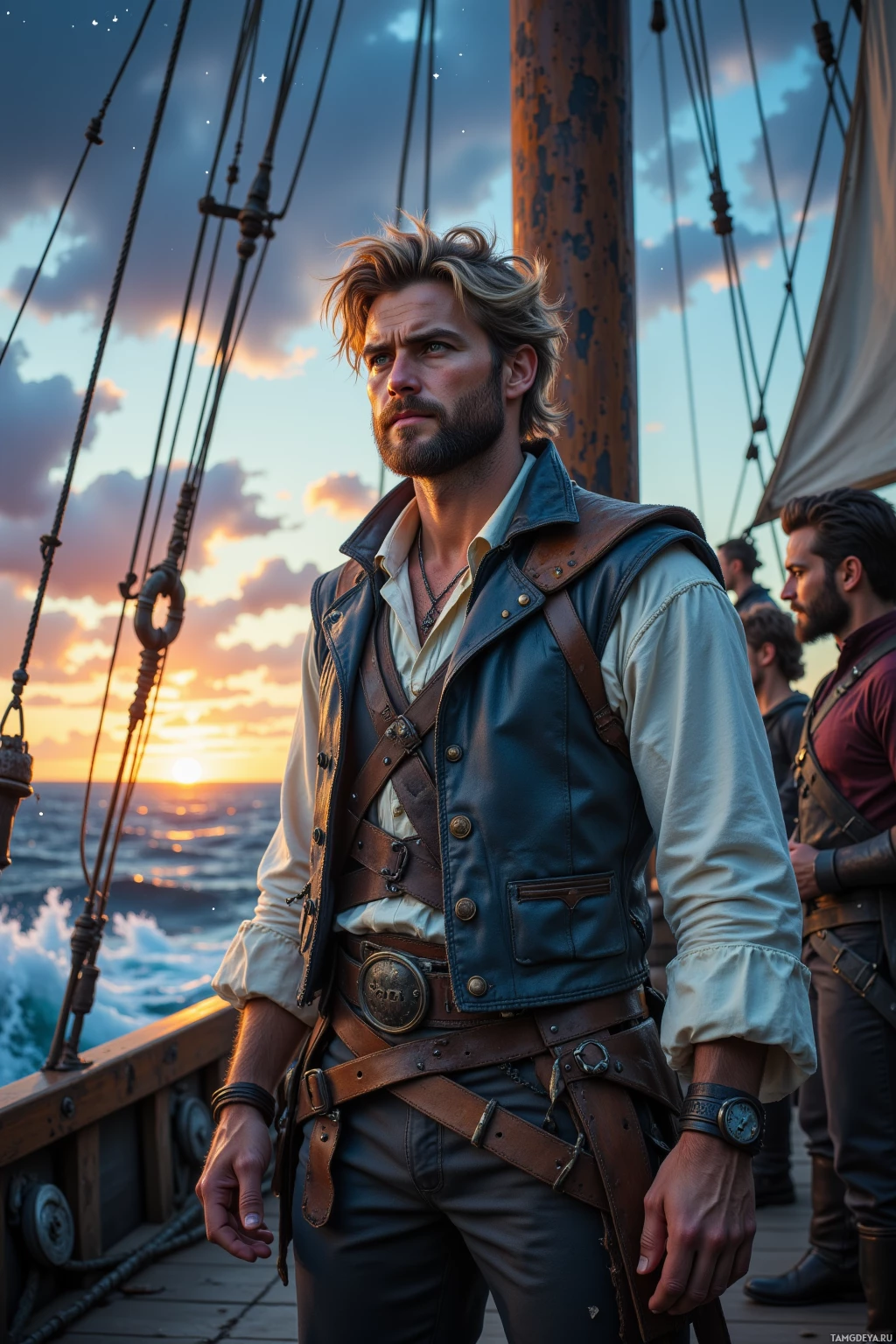 A man in a leather vest stands on a ship at sunset.