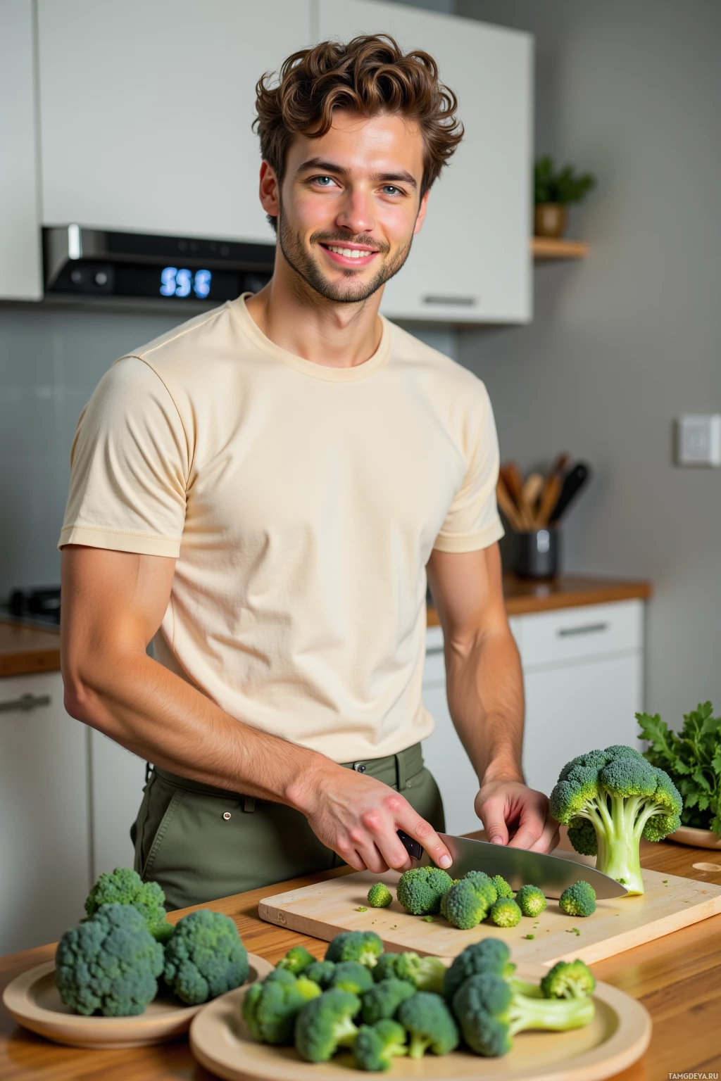 A man is cutting broccoli in a kitchen.