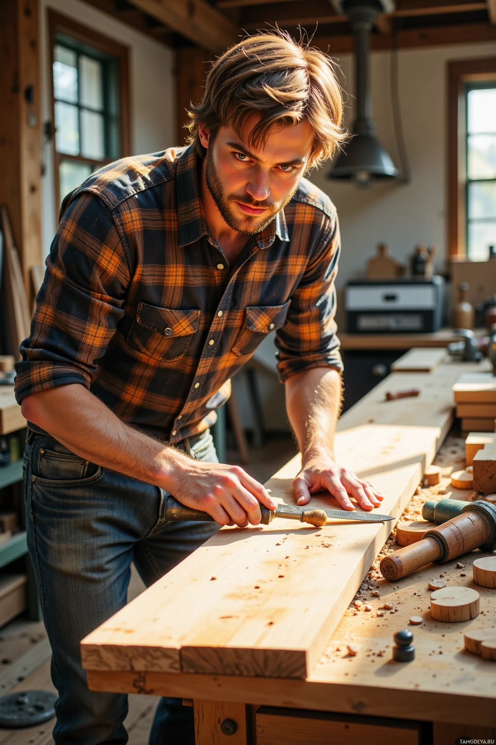 A man in a plaid shirt is working on a piece of wood in a workshop.