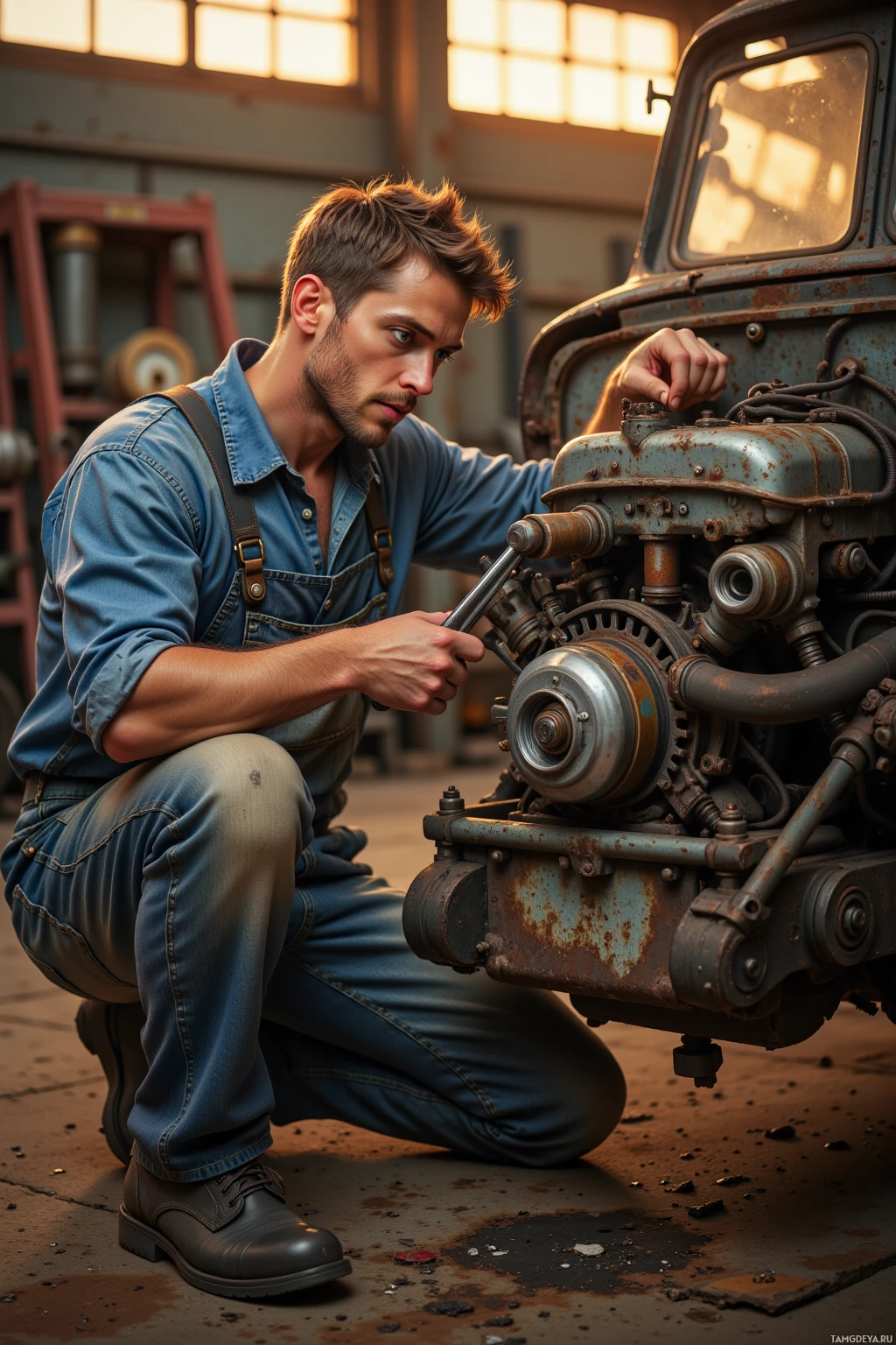 A man in a workshop is working on a rusted engine.