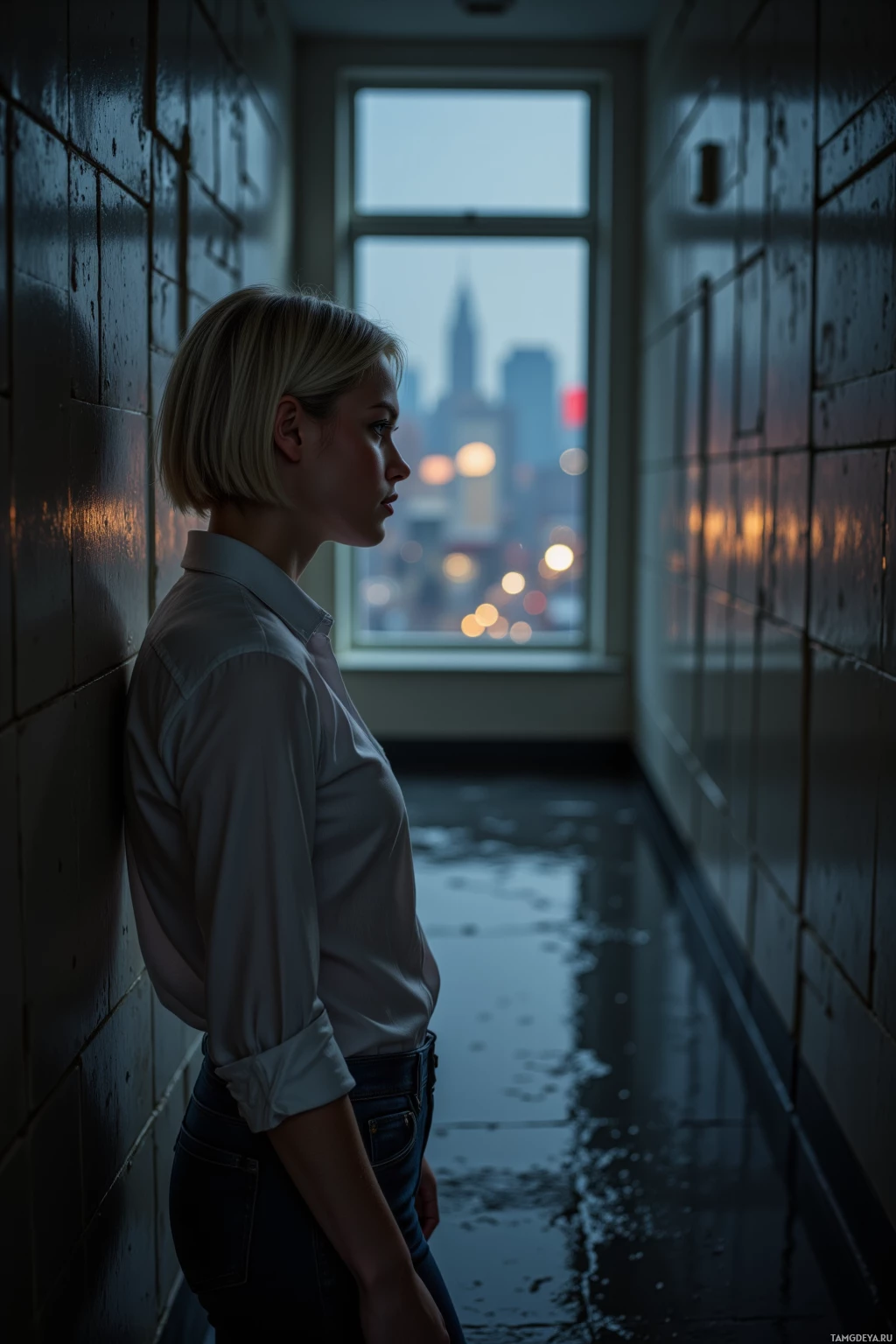 A woman stands in a dimly lit corridor, gazing out a window at a cityscape.
