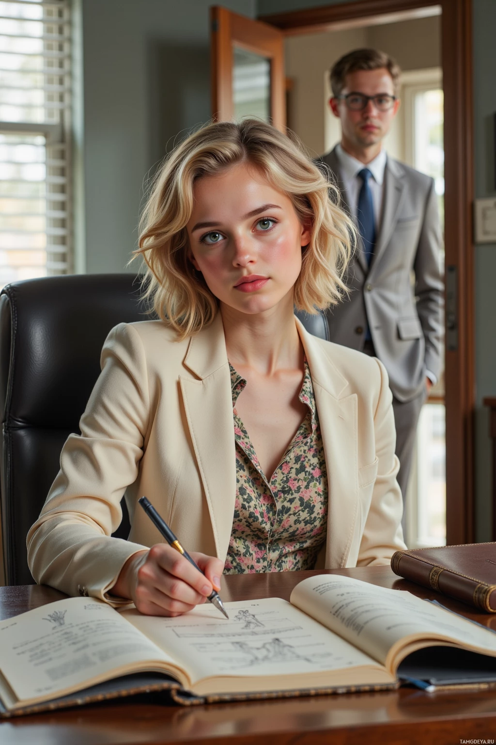 A woman in a professional setting, writing in a notebook, with a man in the background.