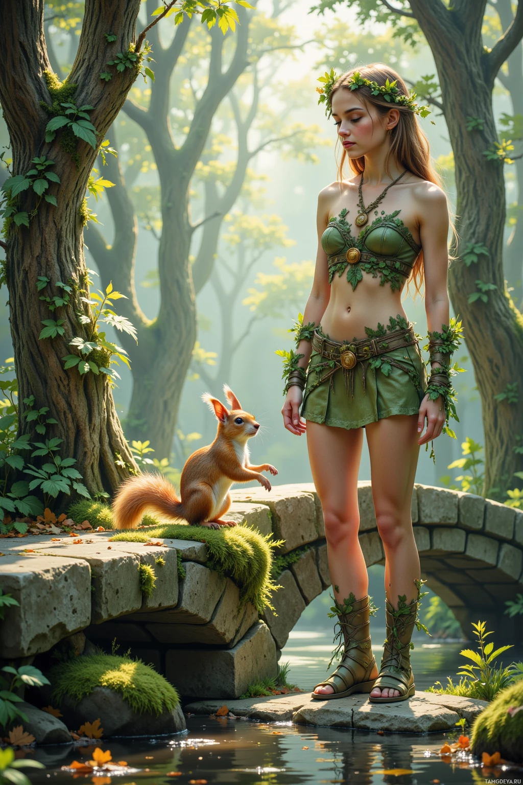 A woman in a forest setting, adorned with leafy accessories, stands beside a squirrel on a stone bridge.
