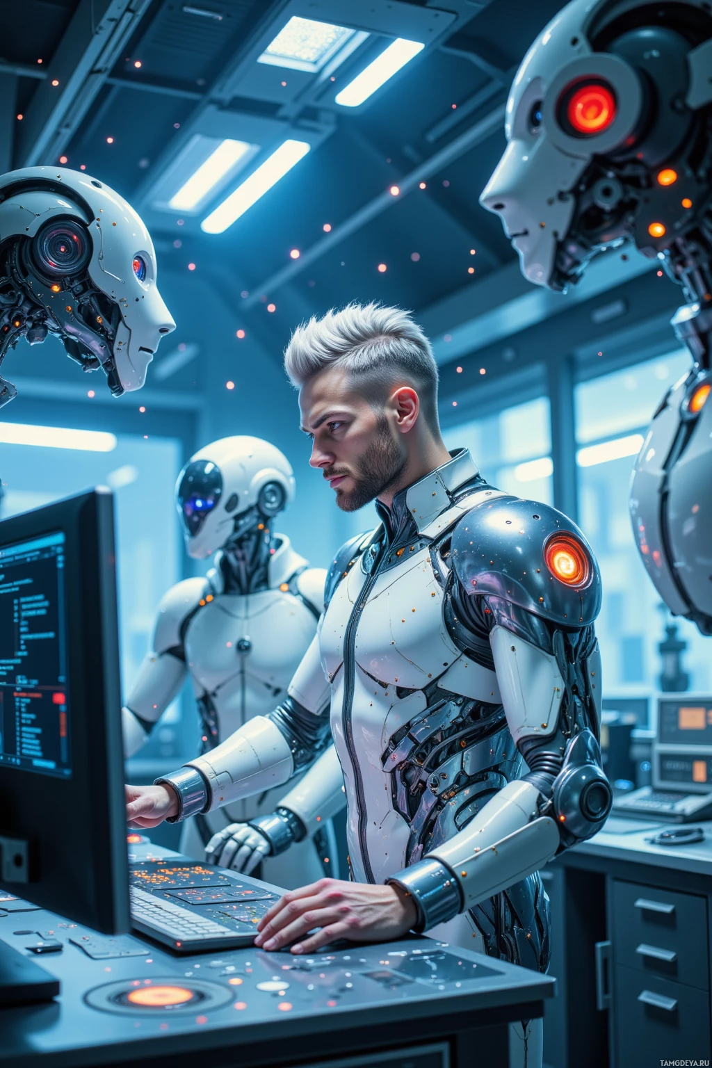 A futuristic scene featuring a humanoid robot and a human-like figure working together in a high-tech environment.