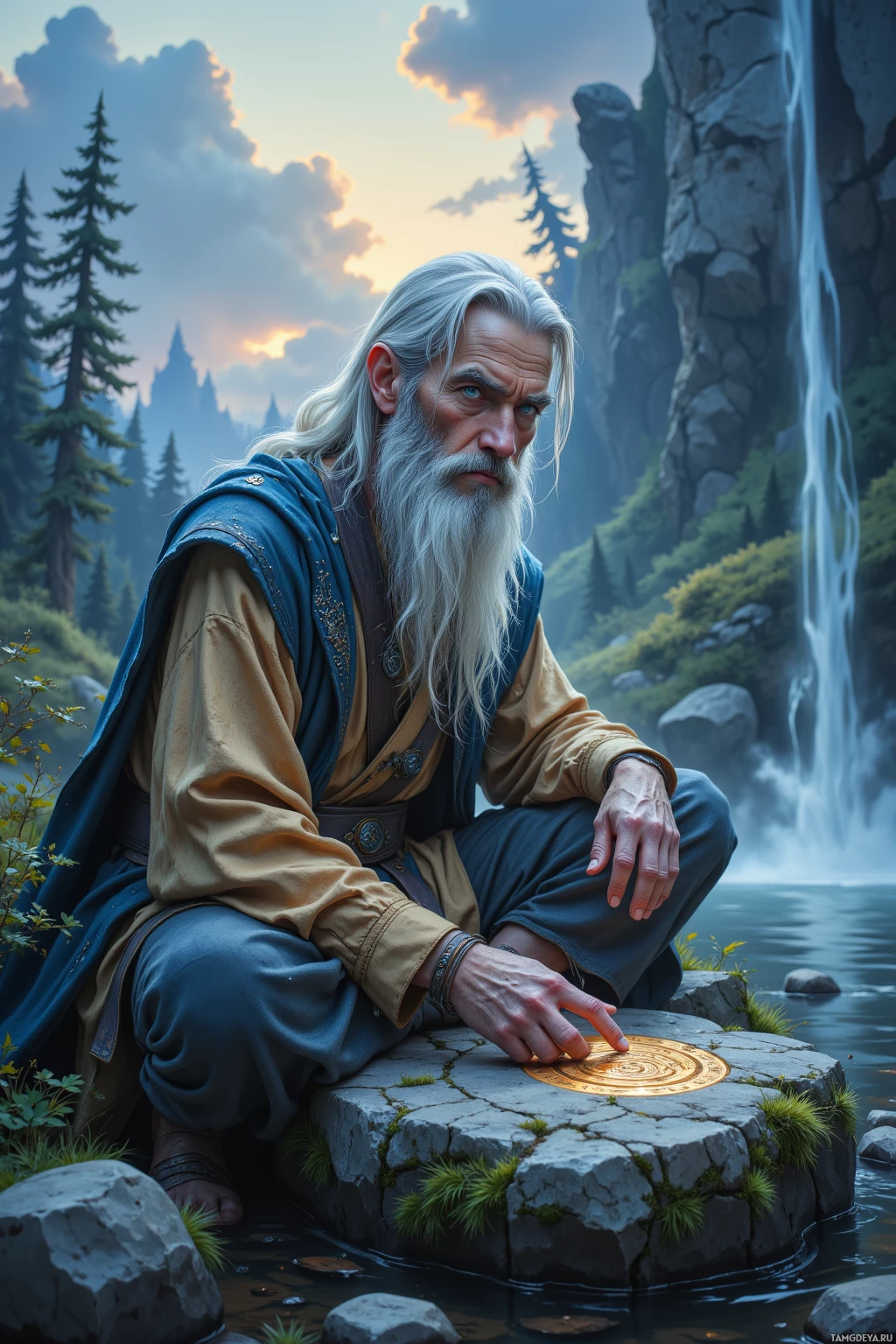 An elderly man with long white hair and beard sits by a waterfall, pointing at a circular symbol on a stone.
