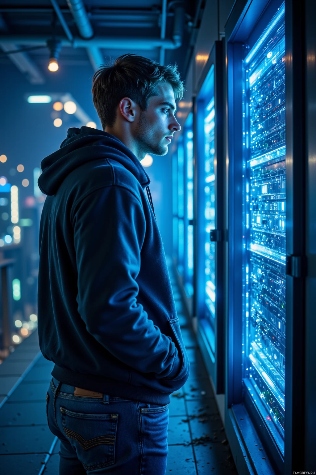 A person in a hoodie stands in front of a server rack in a dimly lit room.