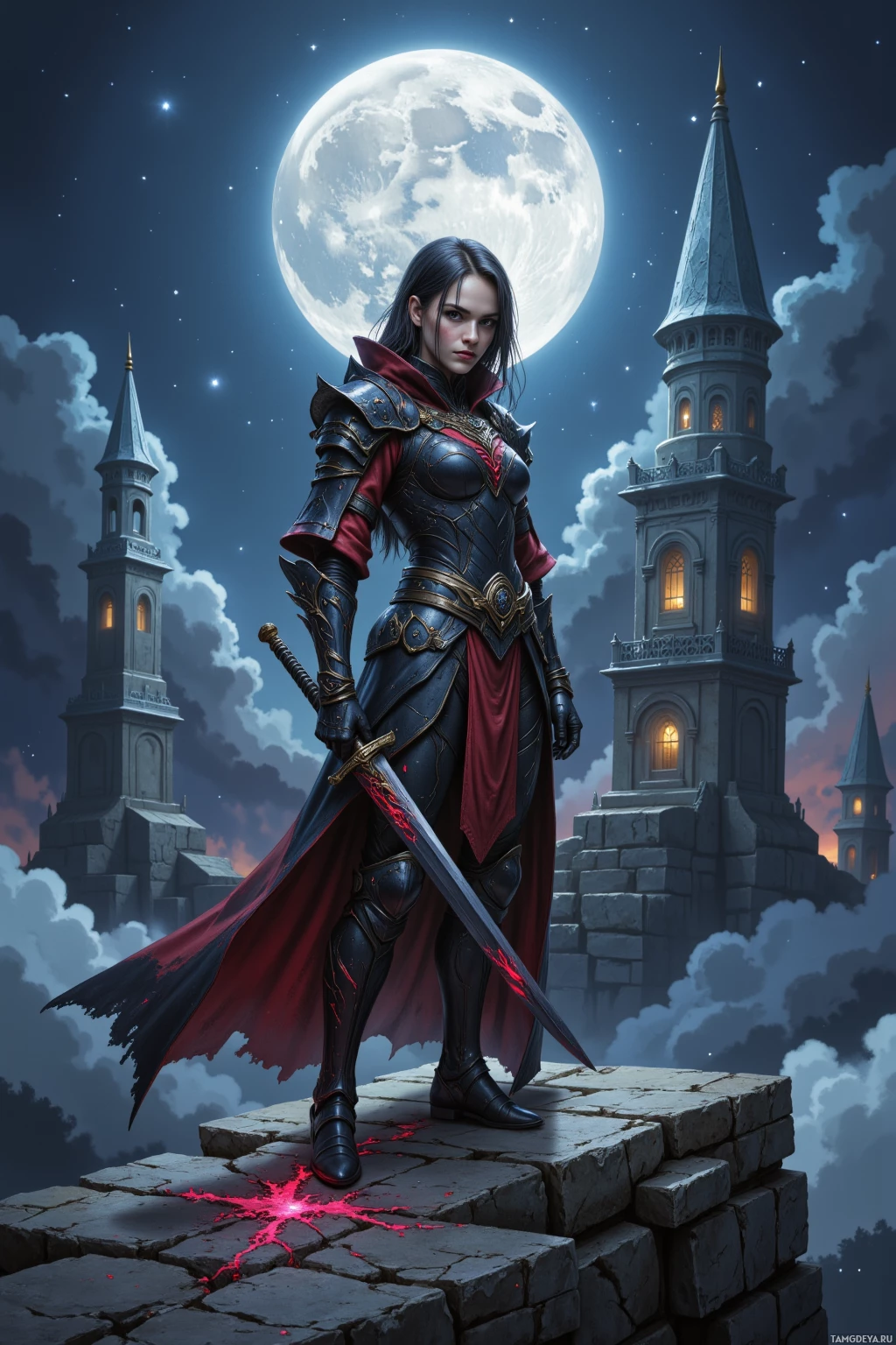 A knight in dark armor stands on a stone platform under a full moon, with a castle in the background.
