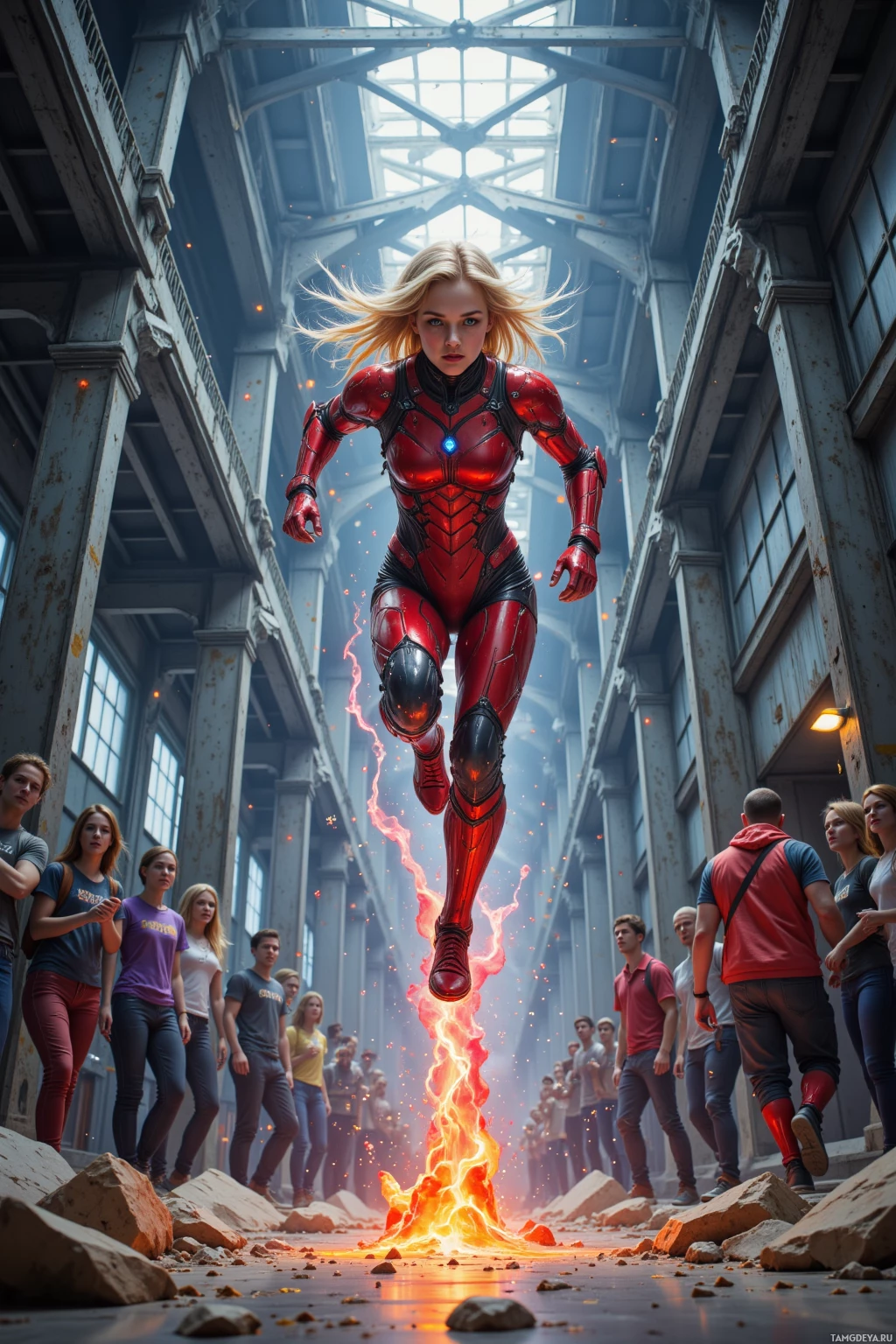 A superhero in a red suit leaps through a debris-filled hallway, surrounded by onlookers.