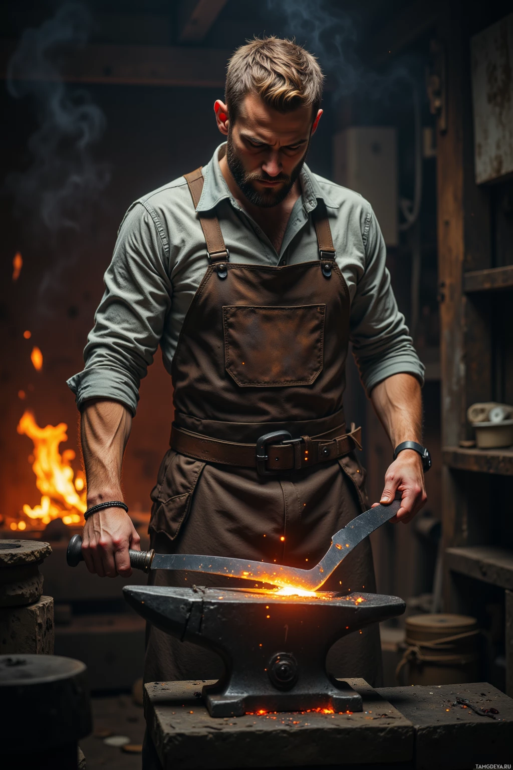 A blacksmith in an apron forges a glowing metal blade on an anvil in a workshop.