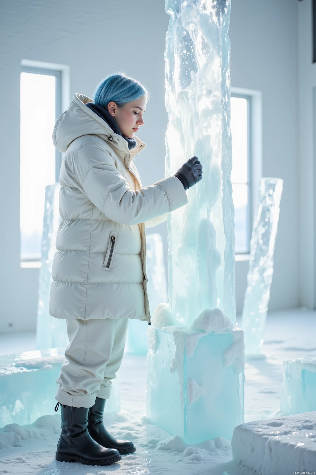 A person in a white winter coat stands beside an ice sculpture in a snowy environment.