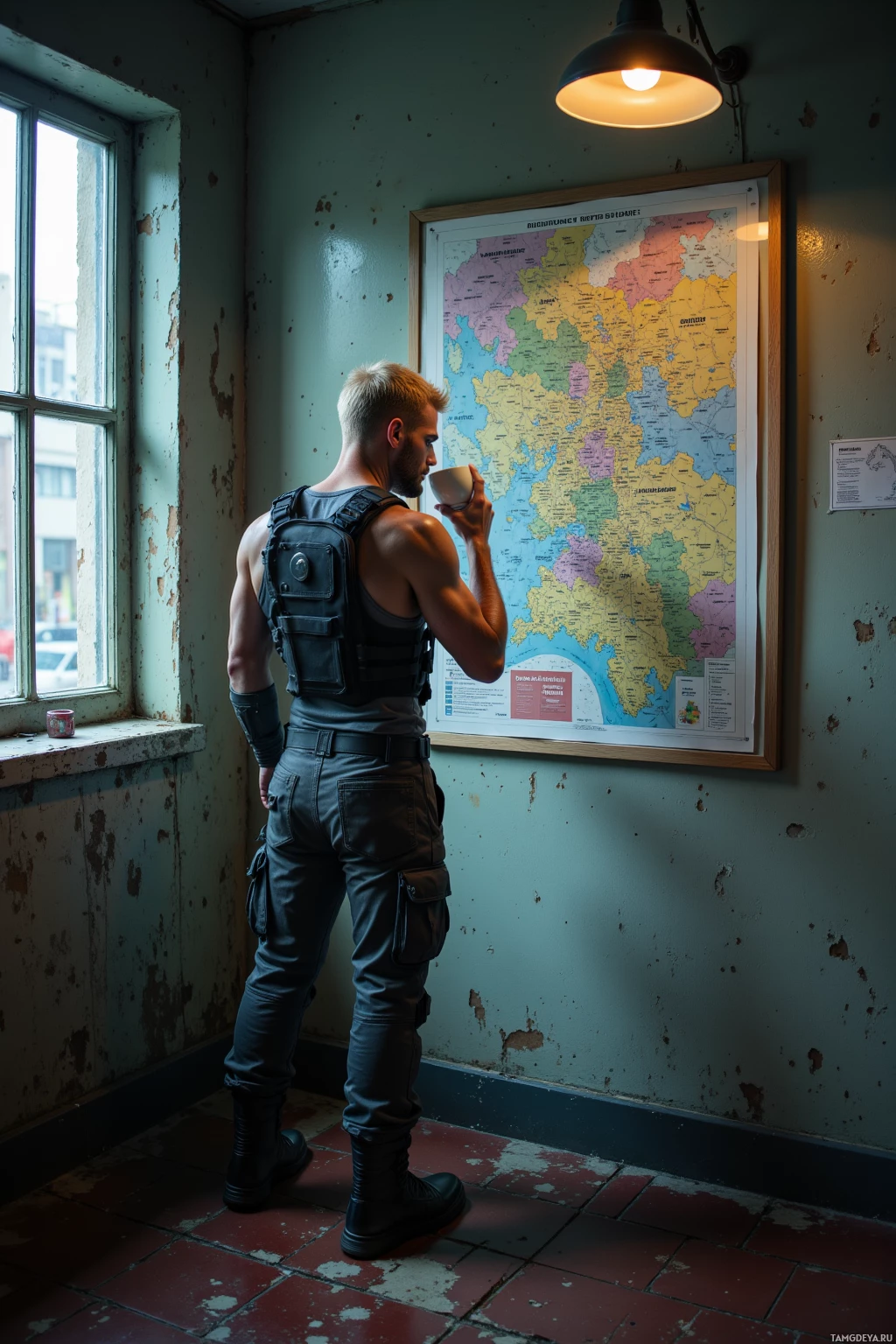 A muscular man in tactical gear stands in a dimly lit room, looking out a window while holding a cup.