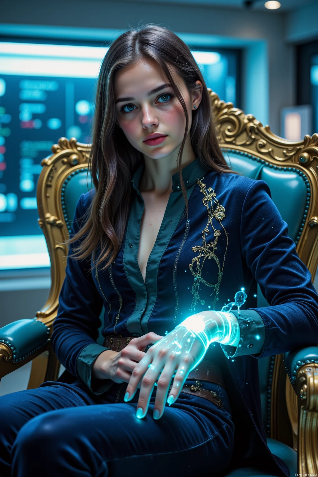 A person in a dark blue outfit with glowing blue accents sits on an ornate chair in a futuristic setting.