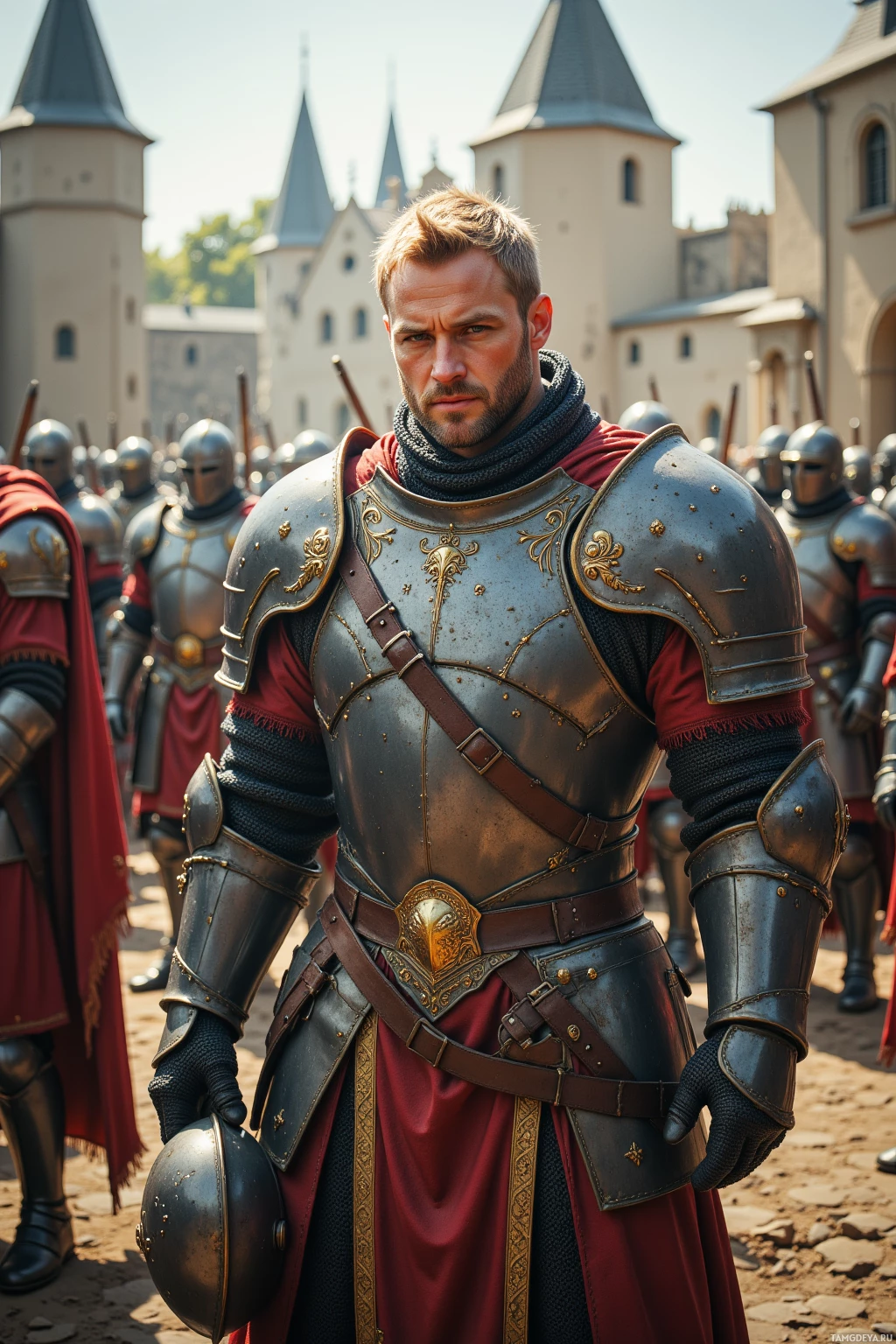 A knight in ornate armor stands in front of a castle, holding a helmet.