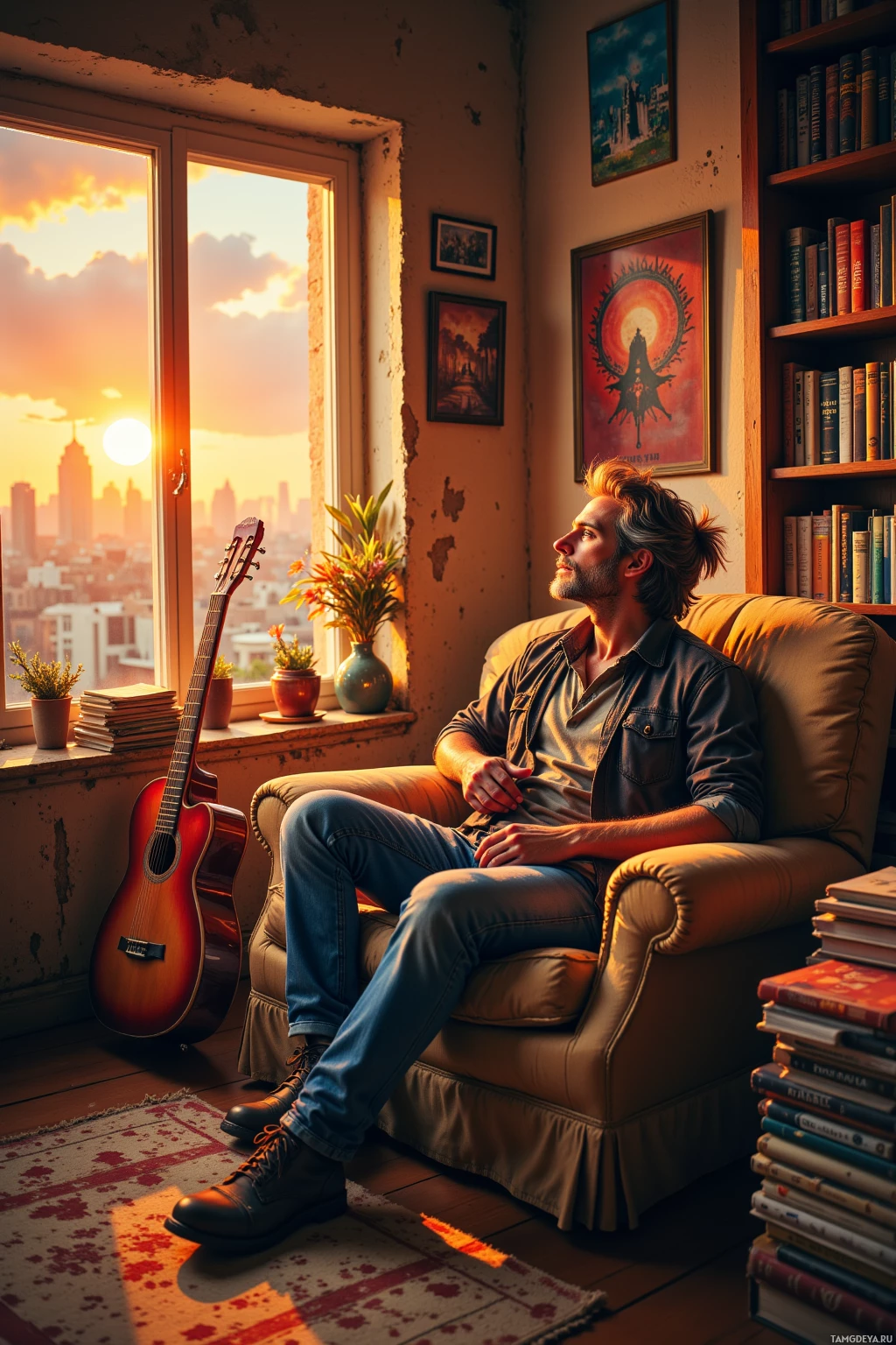 A man sits in a cozy room with a guitar, books, and a cityscape view at sunset.