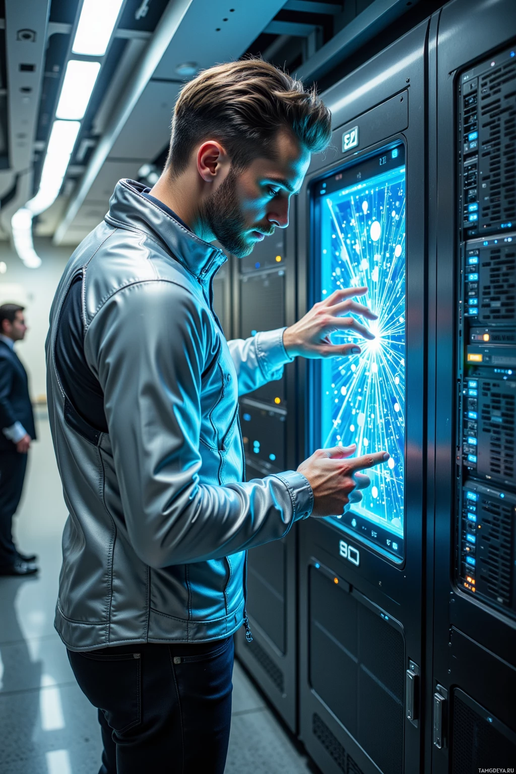 A man in a futuristic server room interacts with a glowing interface on a server panel.