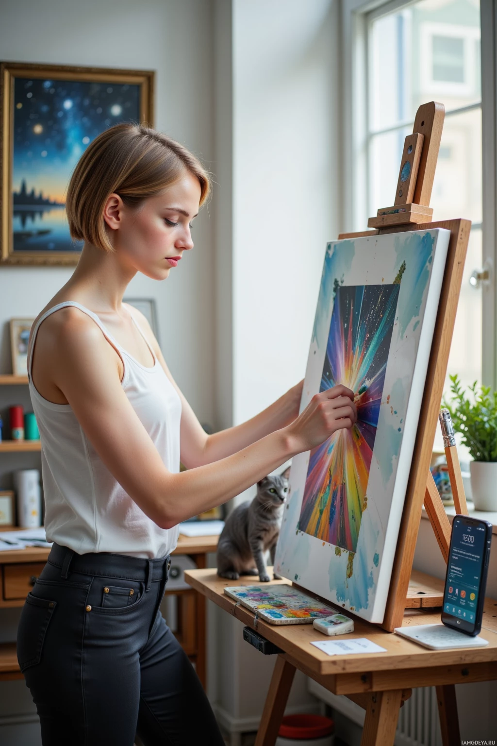 A woman paints a vibrant abstract artwork on an easel in a well-lit studio.