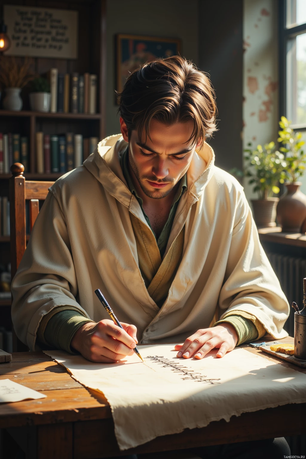 A man is writing on a piece of paper with a quill pen in a sunlit room.
