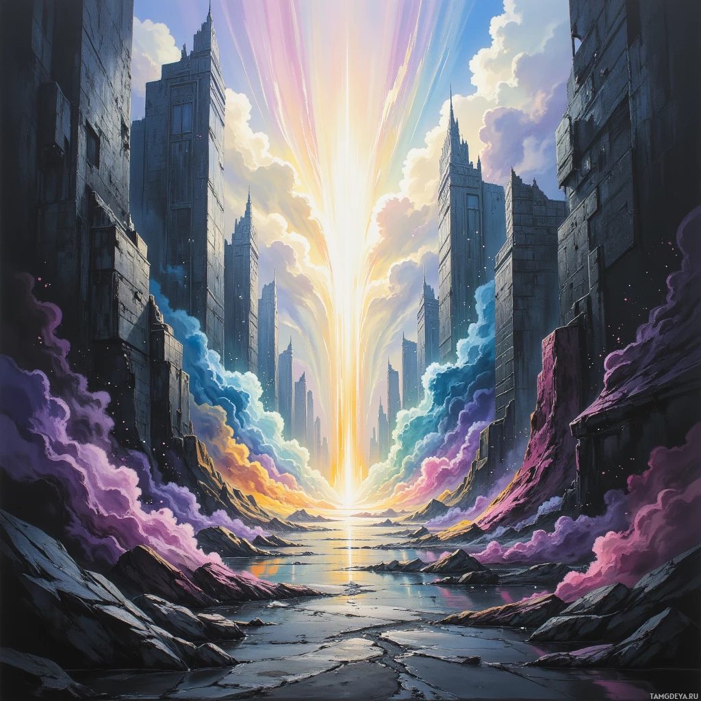 A futuristic cityscape with towering skyscrapers and a vibrant sky.