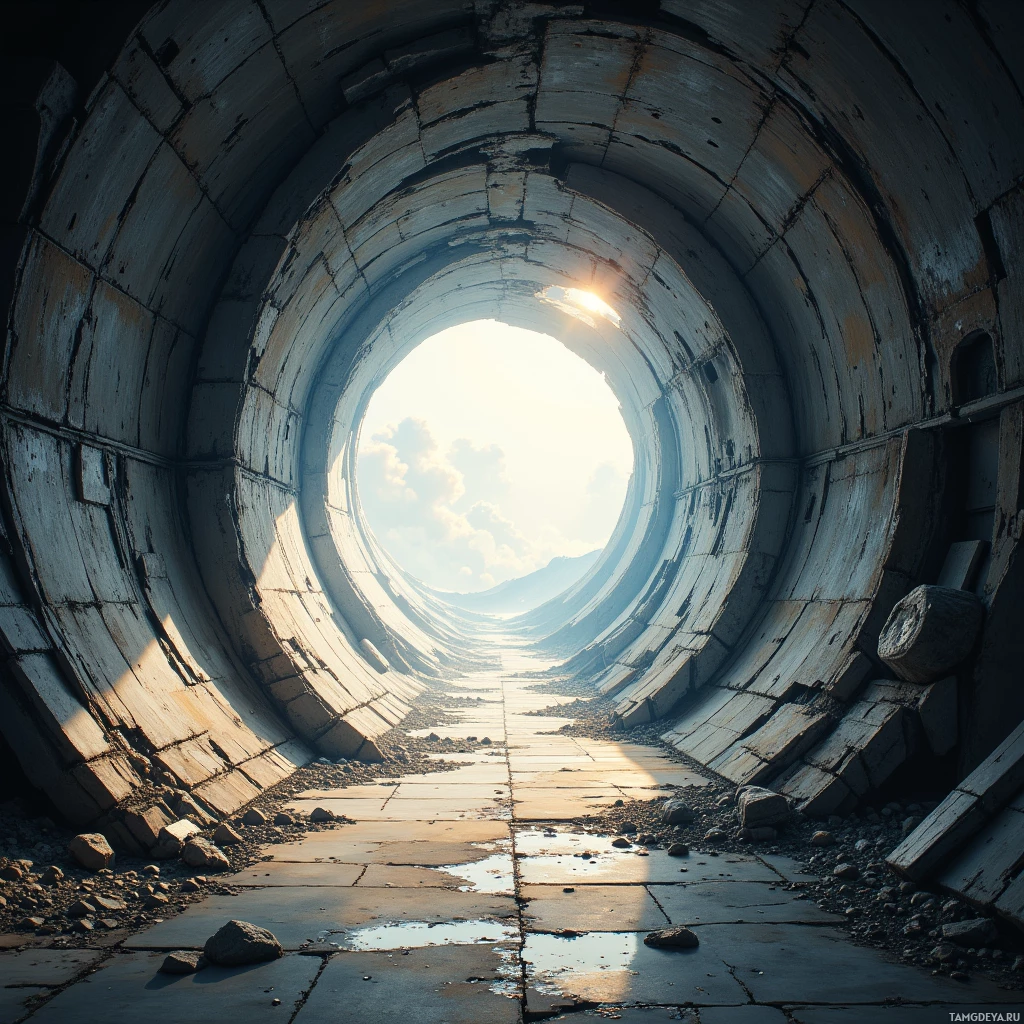 A dilapidated tunnel with a bright light at the end.