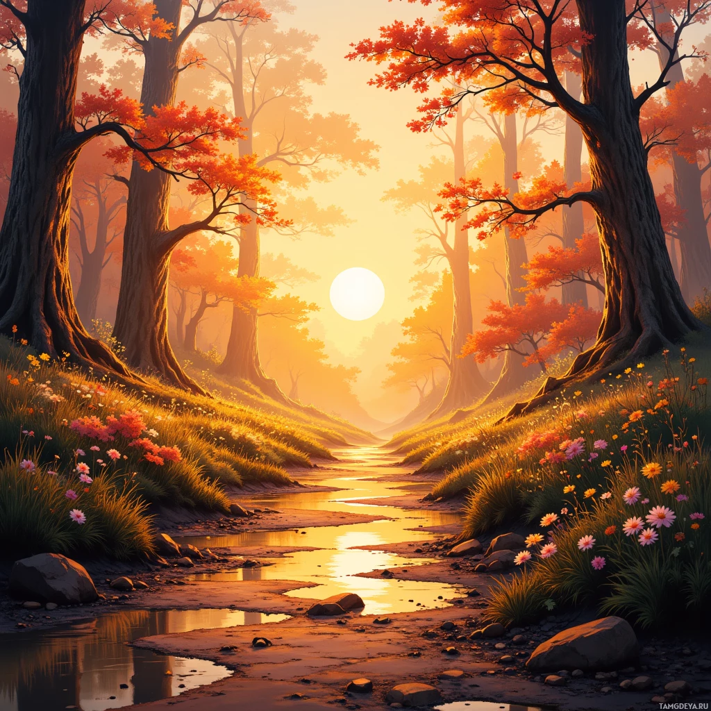 A serene forest scene with a stream, vibrant autumn foliage, and a warm sunset.