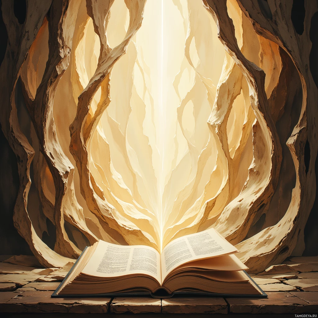 An open book with glowing light emanating from its pages, set against a textured stone background.