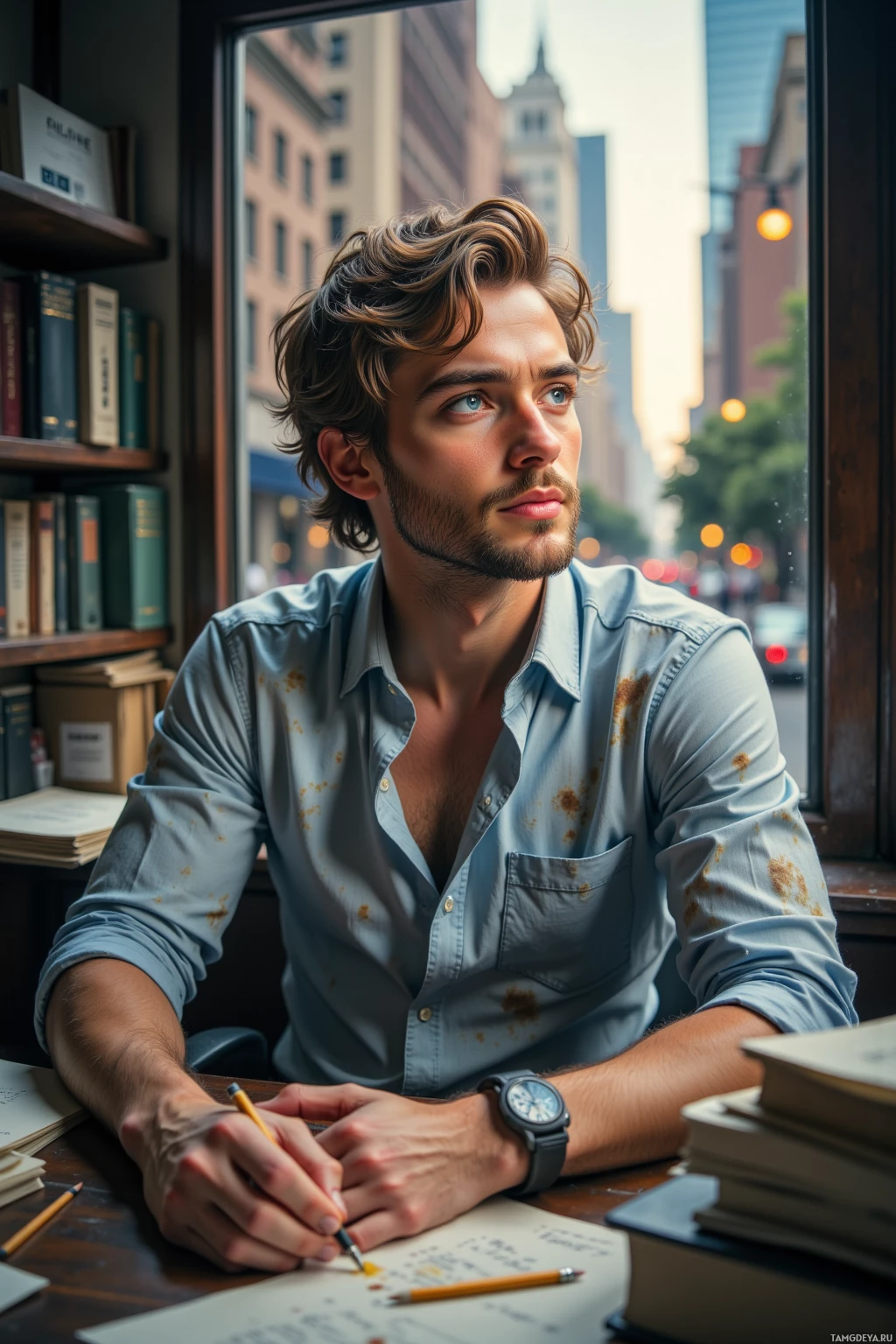 A man with curly hair sits at a desk, writing in a notebook with a pencil, surrounded by books and a cityscape view through the window.