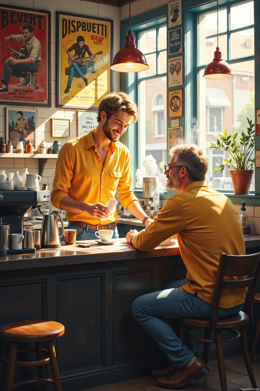 Two men are having a conversation in a cozy café with vintage posters on the wall.