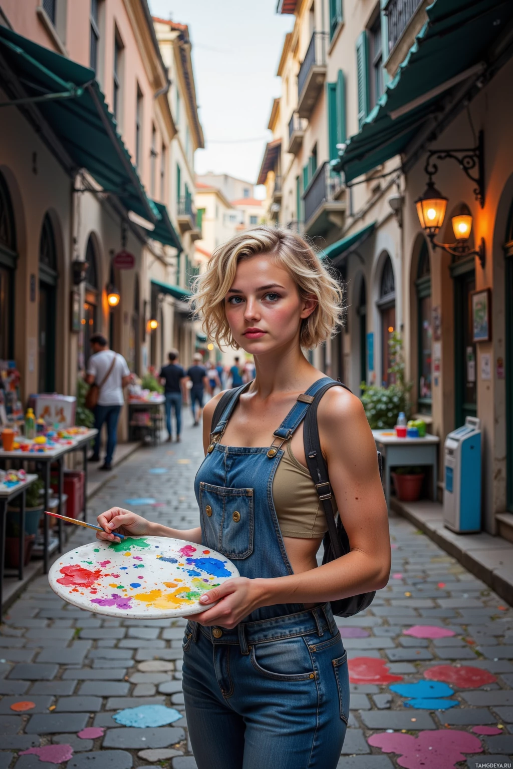 A person holding a paint palette and brush stands in a narrow street with shops and pedestrians in the background.
