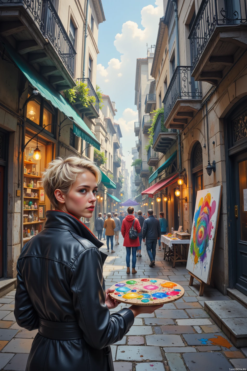 A woman in a black leather coat stands in a bustling European street, holding a colorful circular object.