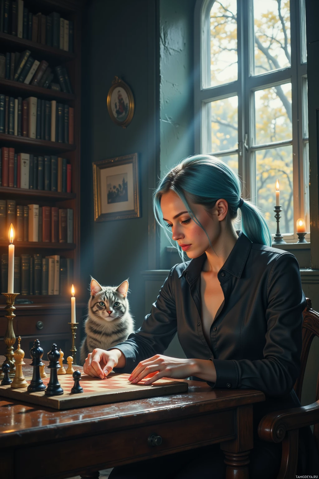 A woman plays chess with a cat in a cozy, candlelit room.