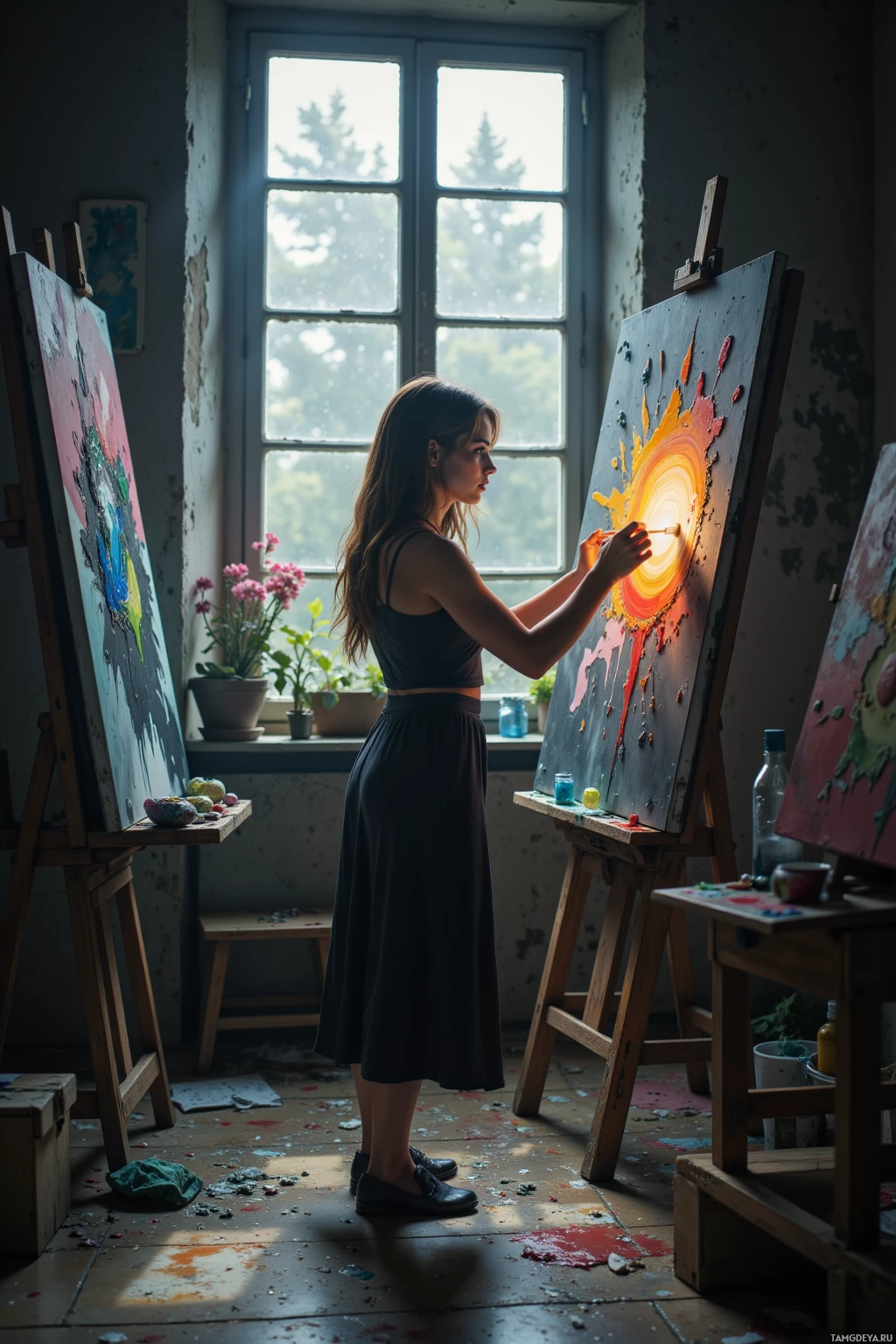 A woman paints a vibrant abstract artwork in a rustic studio.