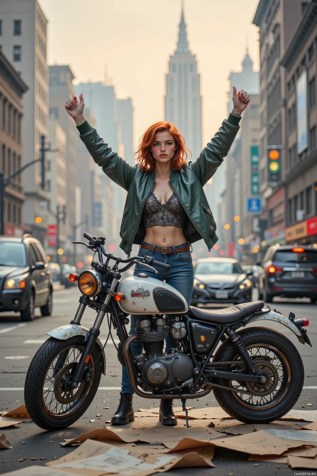 A woman stands on a city street with her arms raised, next to a motorcycle.