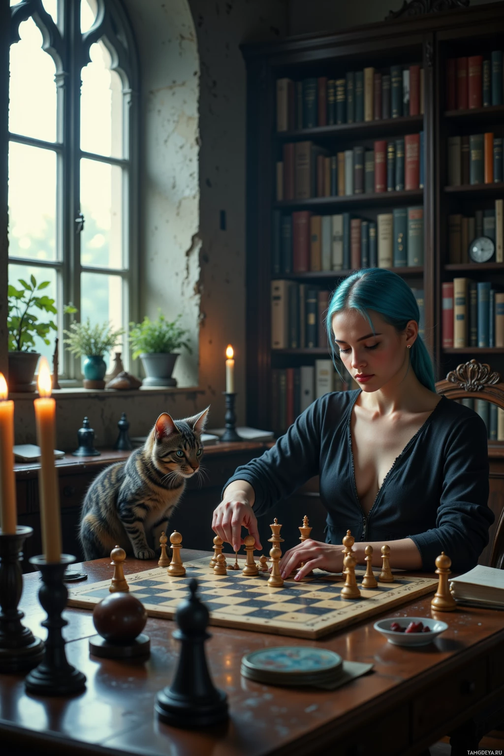 A woman plays chess with a cat in a cozy, candlelit room.