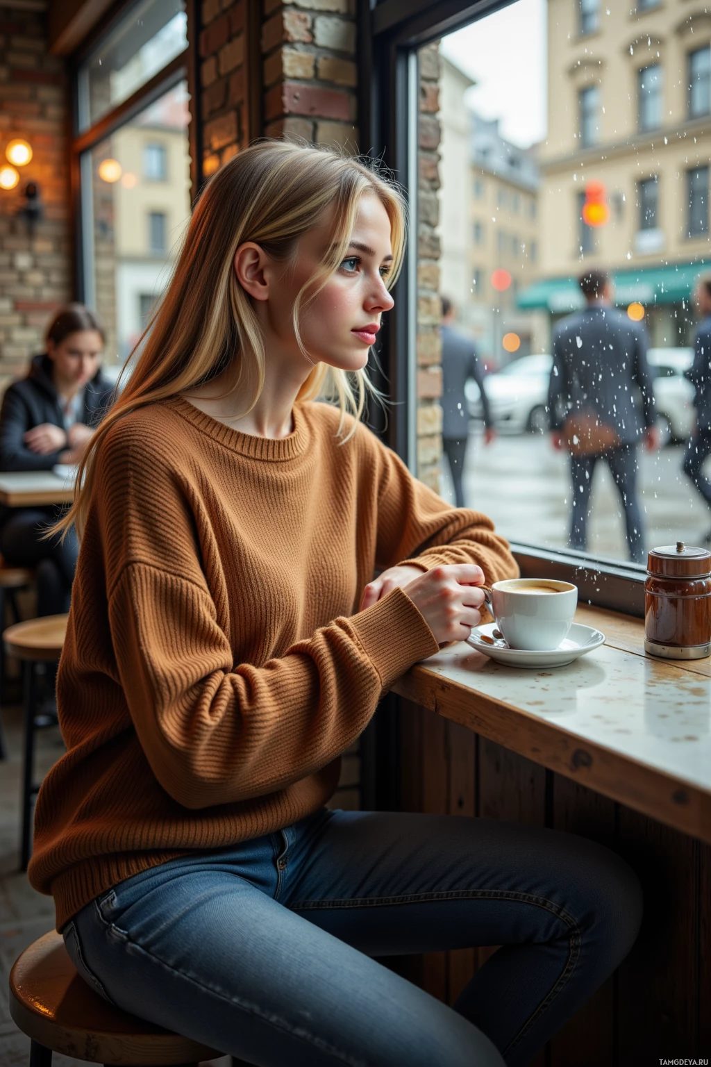 A woman sits at a café table, gazing out the window, holding a cup of coffee.