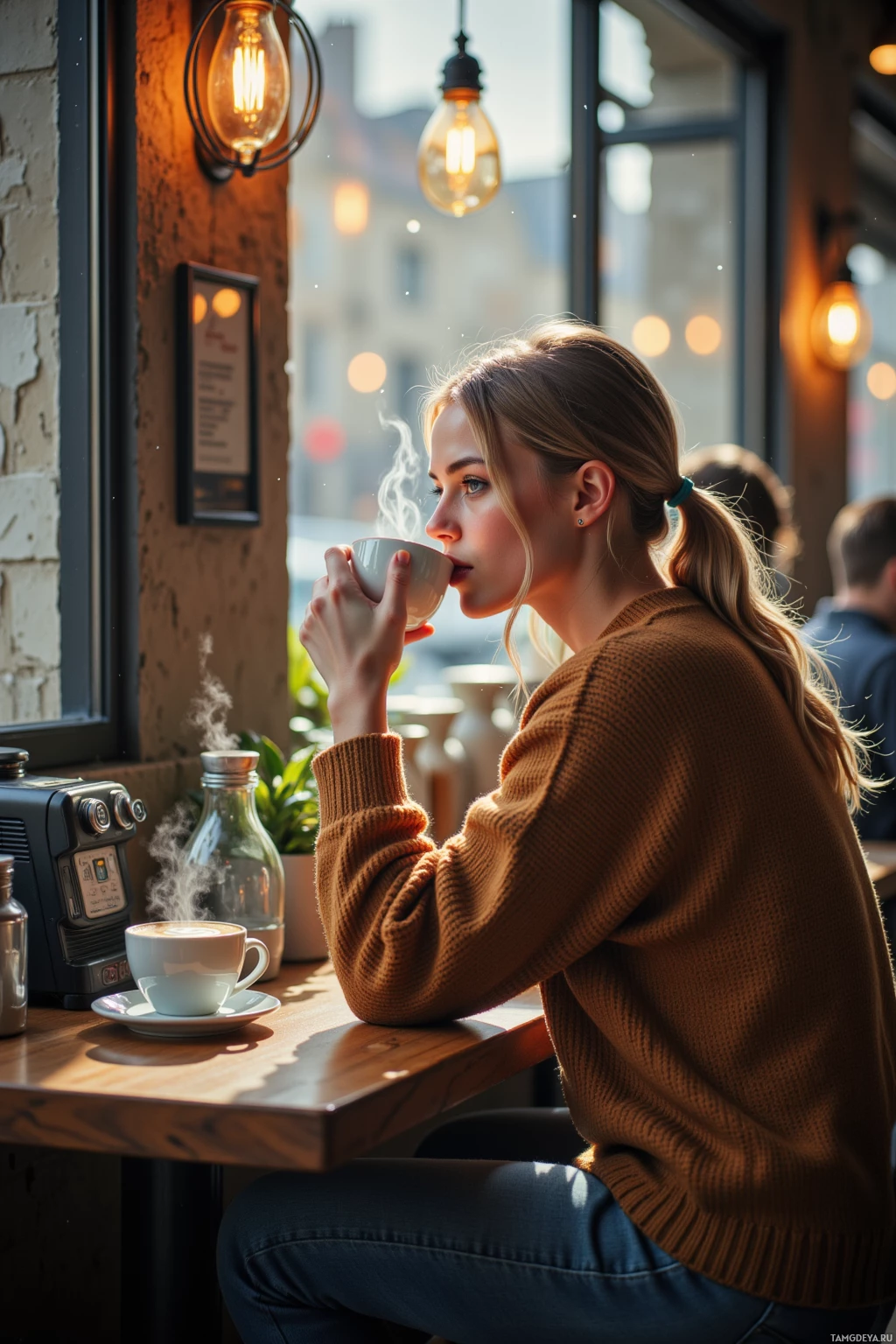 A woman in a brown sweater enjoys a steaming cup of coffee at a cozy café.