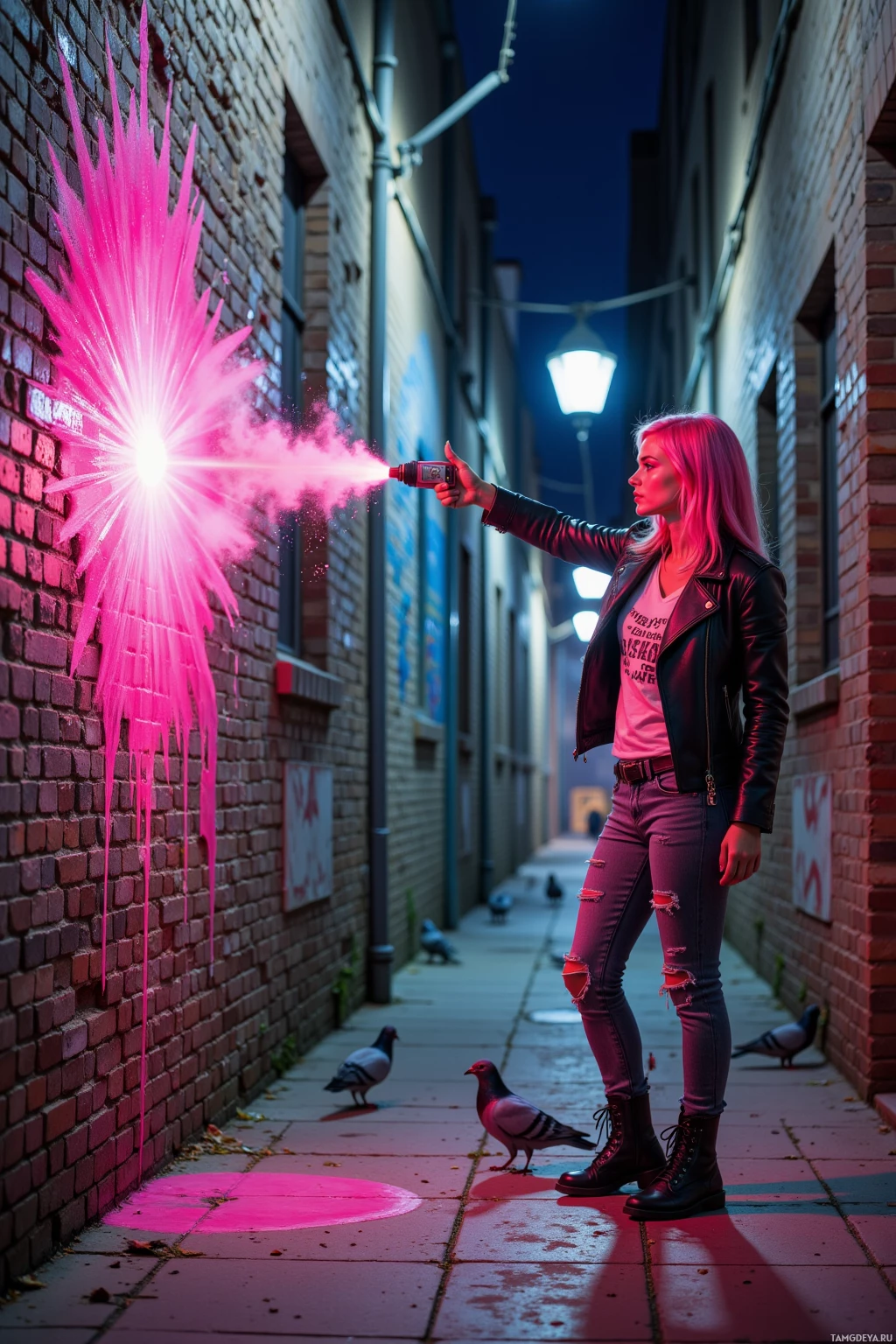 A person stands in an alleyway at night, spraying pink smoke from a canister.