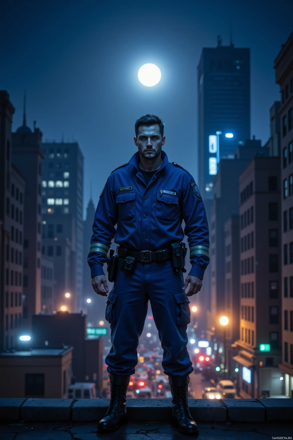 A police officer stands on a rooftop at night under a full moon, with city buildings in the background.