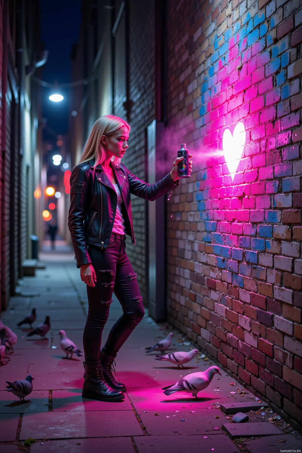 A person spray-painting a heart on a brick wall in a dimly lit alleyway.