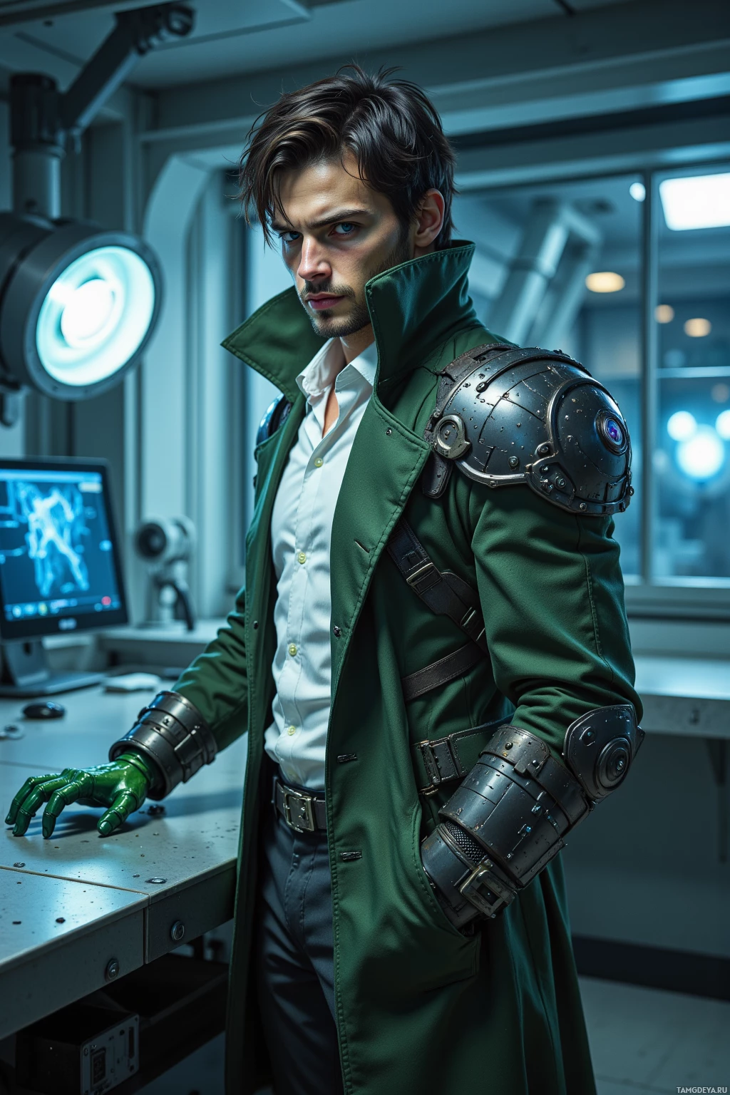 A person in a futuristic outfit stands in a laboratory setting.
