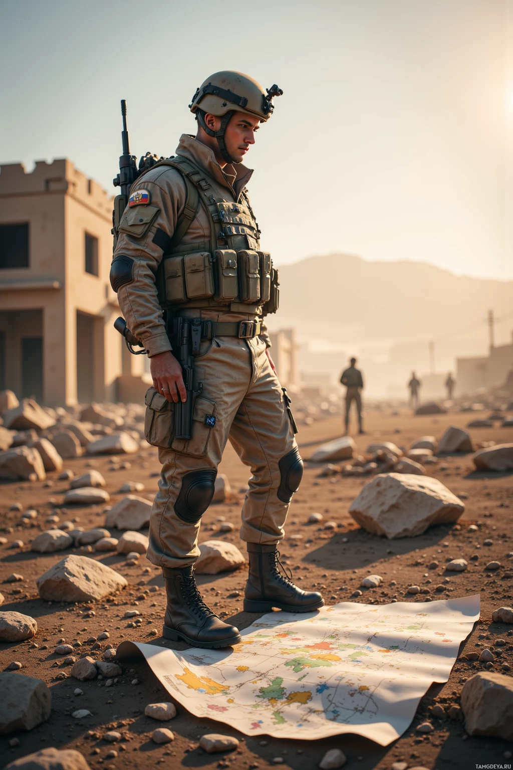 A soldier stands in a desert environment, holding a rifle, with a map spread on the ground.