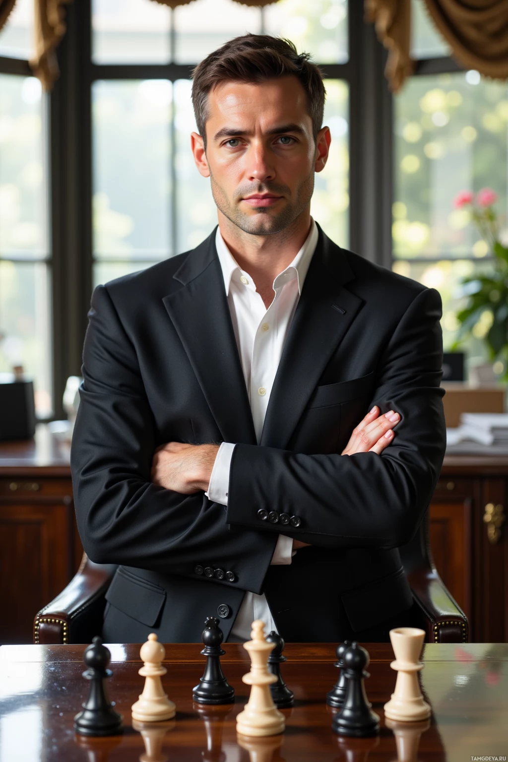A man in a suit stands with his arms crossed in front of a chessboard.