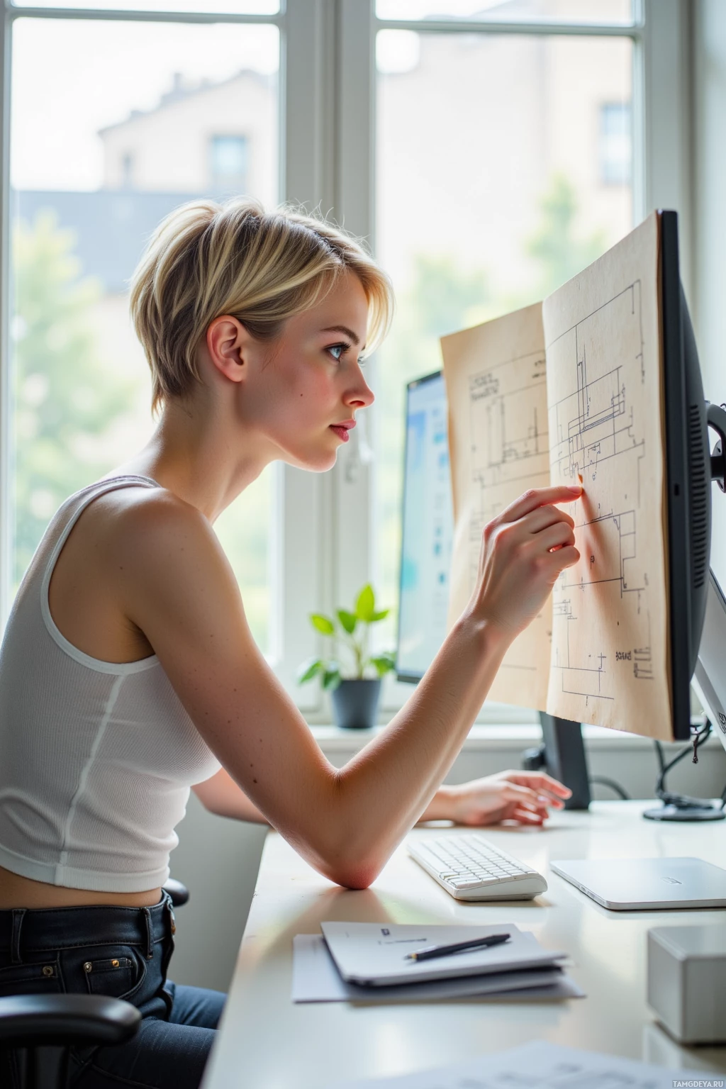A woman is working at a desk, reviewing blueprints on a computer screen.