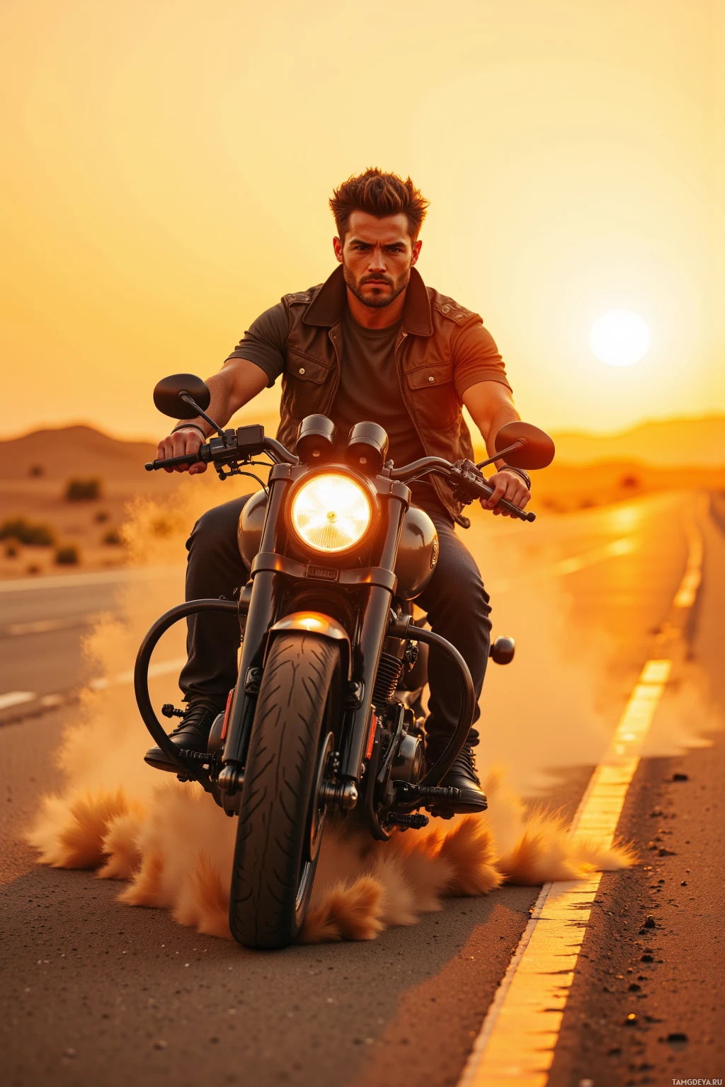 A man rides a motorcycle on a desert road at sunset.