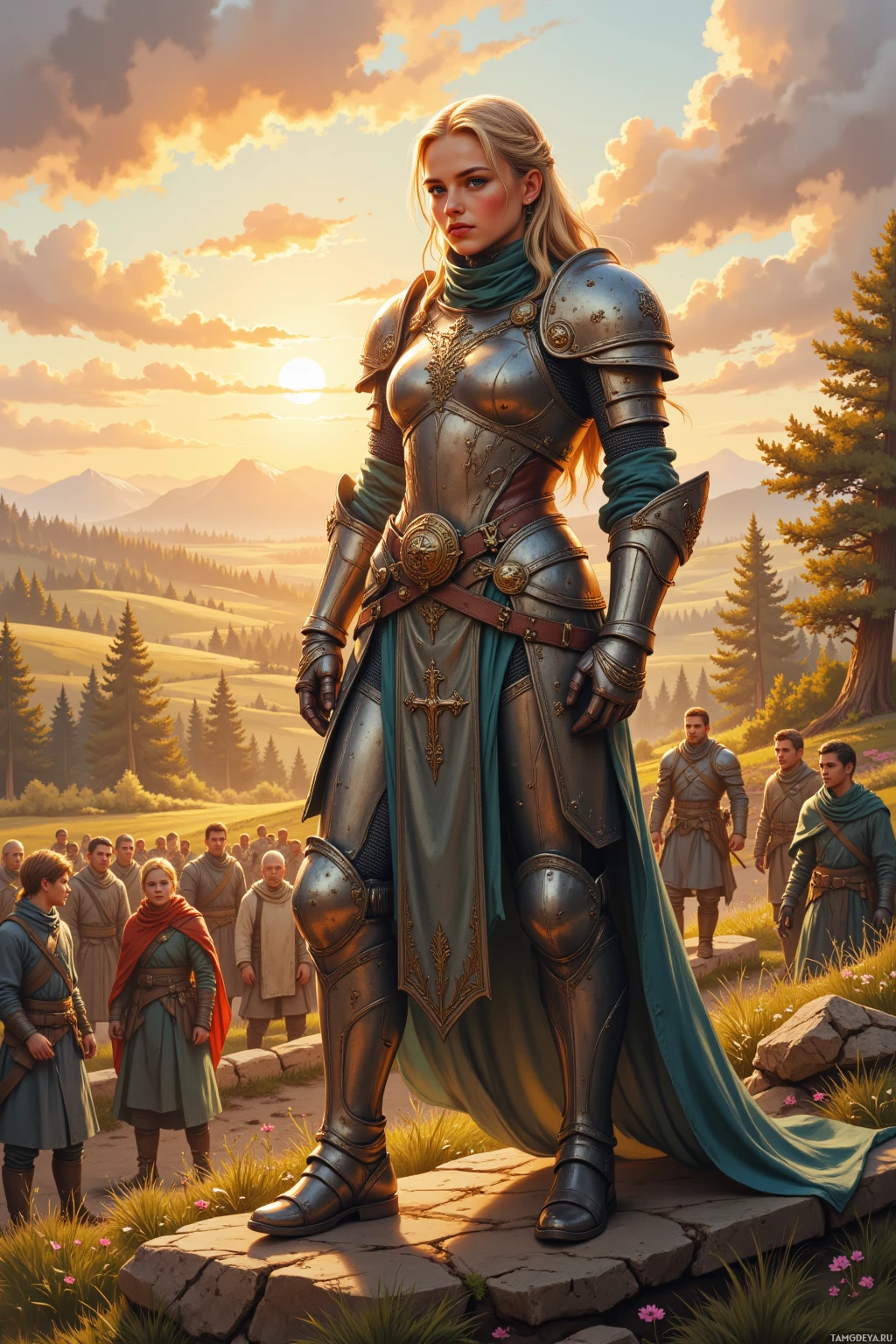 A knight in armor stands on a stone path, surrounded by a group of people, with a scenic landscape and sunset in the background.