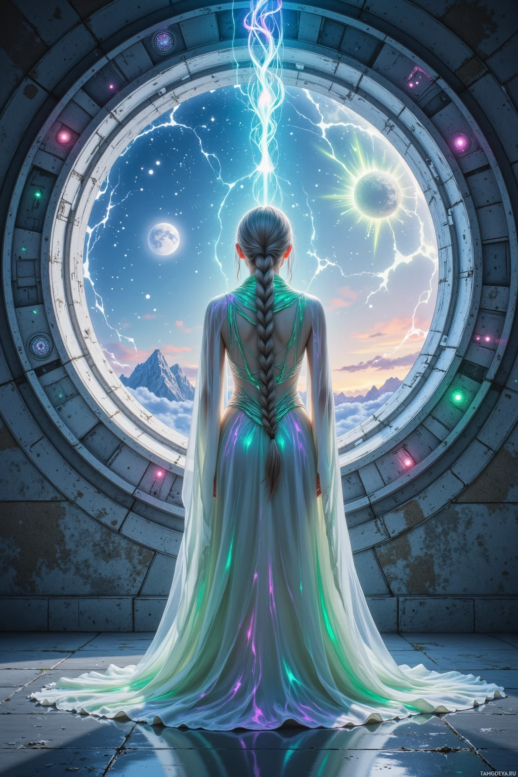 A woman in a flowing dress stands before a circular portal, gazing at a celestial scene with lightning and stars.