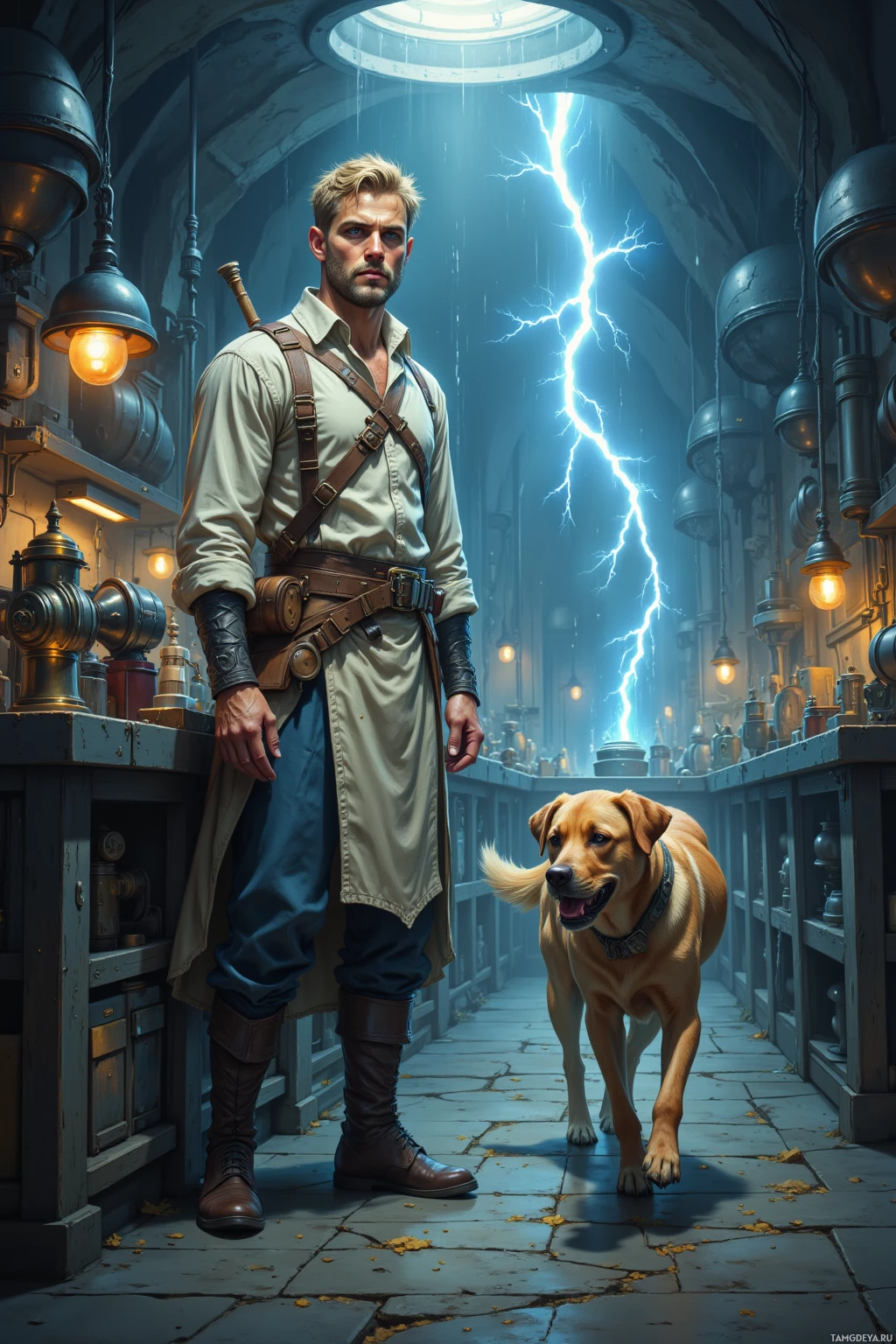 A man and a dog stand in a dimly lit, industrial-style room with a glowing lightning bolt in the background.