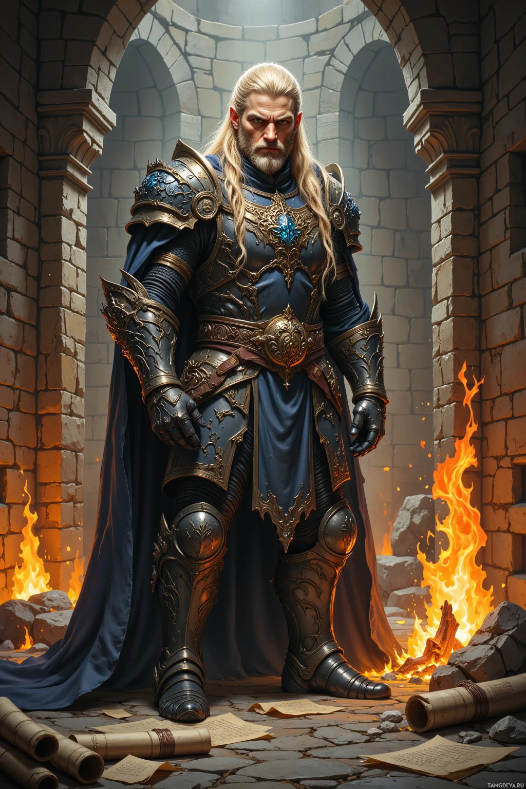 A knight in ornate armor stands in a stone archway with a fire burning nearby.