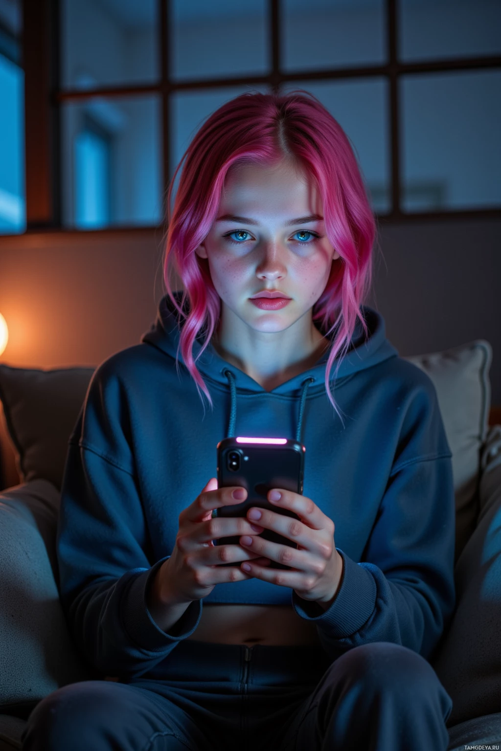 A person with pink hair sits on a couch, holding a phone with a glowing screen.